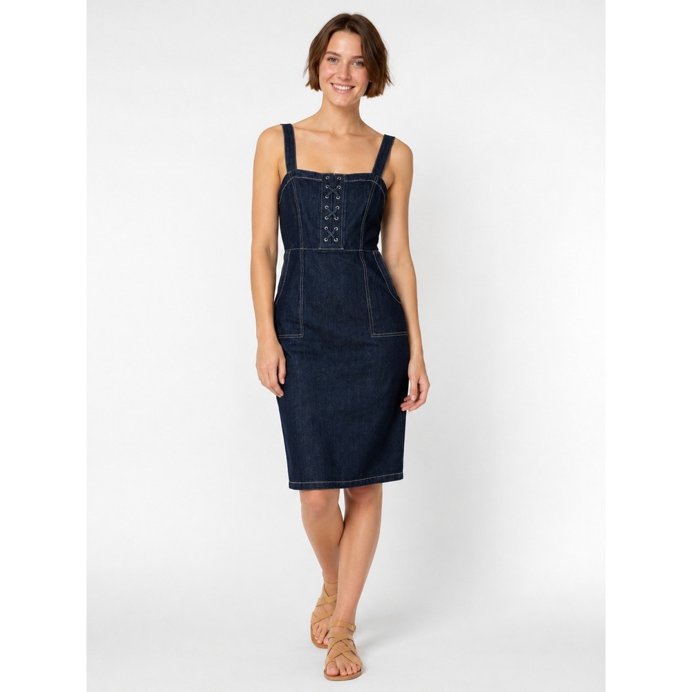 INC International Concepts Denim Jumper Dress Dark Wash Lace Up Front Blue 2